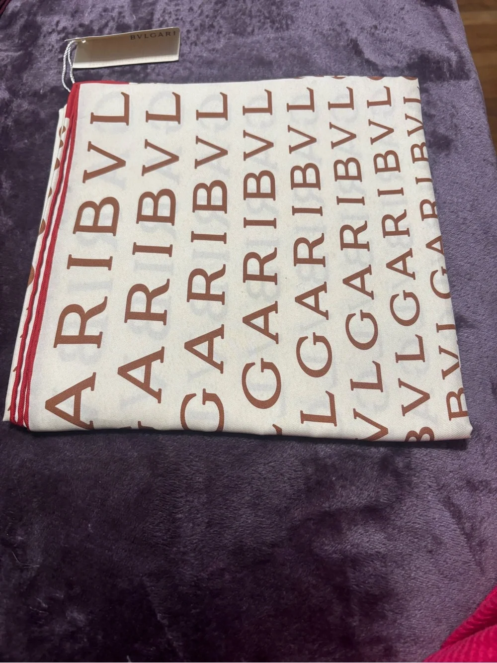 Bulgari Cream Silk Scarf with Brown Logo and Red Edge